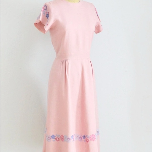 Vintage 50s pink linen short sleeve dress floral flower embroidery detail XS S - Picture 14 of 16
